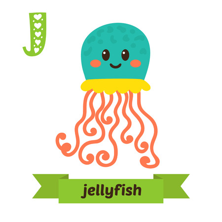 Jellyfish. J letter. Cute children animal alphabet in vector. Funny cartoon animals. Vector illustrationのイラスト素材