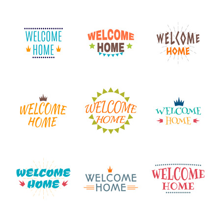 Welcome home collection. Set of 9 colored labels, emblems, stickers or badges. Decorative elements for your design. Postcardsのイラスト素材