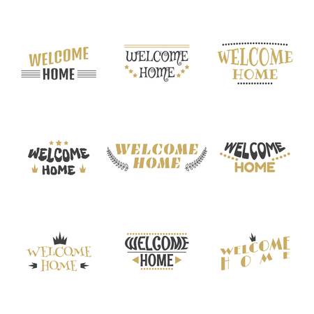 Welcome home. Set of 9 labels, stickers, emblems or badges. Decorative elements for your design. Postcards. Vector illustrationのイラスト素材