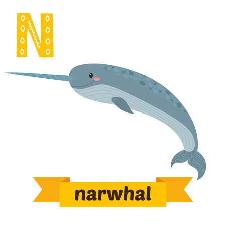 Narwhal. N letter. Cute children animal alphabet in vector. Funny cartoon animals. Vector illustrationのイラスト素材