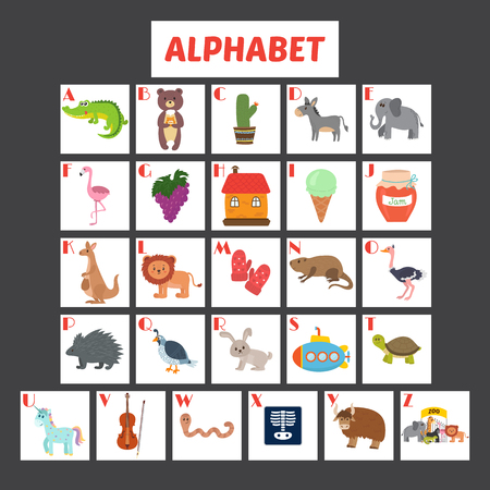 Children alphabet with cute cartoon animals and other funny elements. ABC. Vector illustrationのイラスト素材