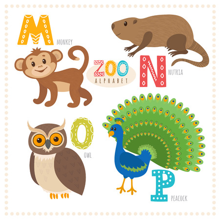 Cute cartoon animals. Zoo alphabet with funny animals. M, n, o, p letters. Monkey, nutria, owl, peacock. Vector illustrationのイラスト素材