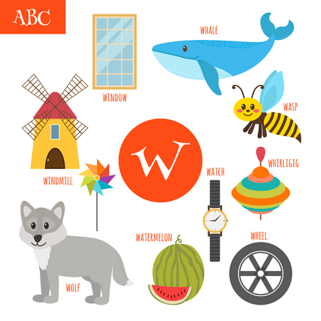 Letter W. Cartoon alphabet for children. Watermelon, whale, wolf, watch, windmill, whirligig, wheel, wasp, window. Vector illustrationのイラスト素材