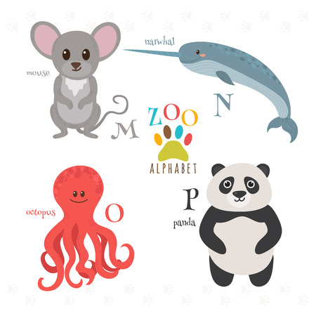 Zoo alphabet with funny cartoon animals. M, n, o, p letters. Mouse, narwhal, octopus, panda. Vector illustrationのイラスト素材