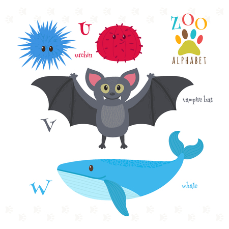 Zoo alphabet with funny cartoon animals. U, v, w letters. Urchin, vampire bat, whale. Vector illustrationのイラスト素材