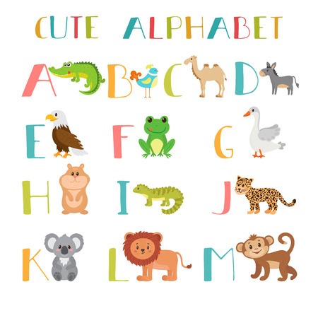 Zoo. Cute cartoon animals alphabet from A to M. Vector illustrationのイラスト素材
