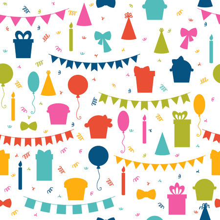 Happy Birthday seamless pattern with colorful party elements. Balloons, flags, confetti, cupcakes, gifts, candles, bows and decorative ribbons.のイラスト素材