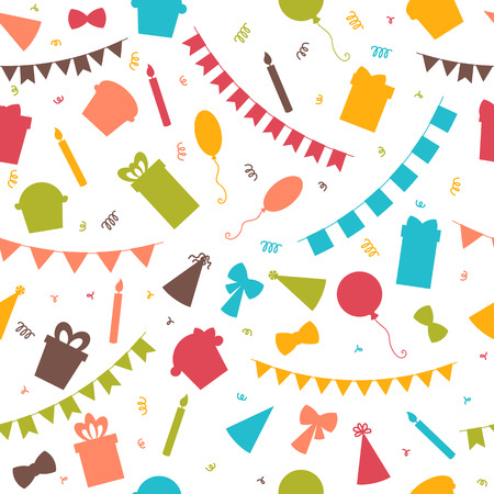 Happy Birthday seamless pattern with colorful party elements. Balloons, flags, gifts, confetti, cupcakes and candles.のイラスト素材
