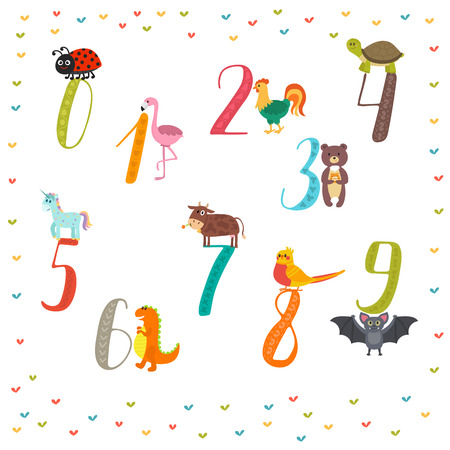 Learn to count numbers. Funny cartoon childish illustration with cute animals.のイラスト素材