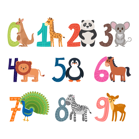 Learn to count. Funny cartoon childish illustration with cute animals. Numbers.のイラスト素材