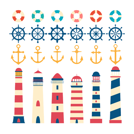 Nautical set. Steering wheel, lighthouse, anchor and lifebuoy. Nautical elements in flat style.のイラスト素材