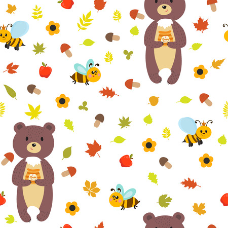 Seamless pattern with bears and bees. Cute children background with forest elements.のイラスト素材
