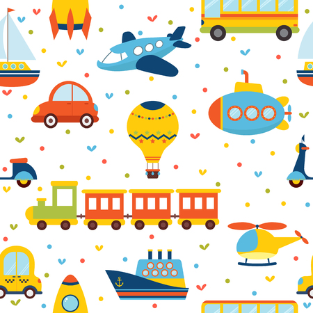 Seamless pattern with colorful transport. Cute children background with little hearts.のイラスト素材