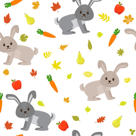 Seamless pattern with cute rabbits, carrots, apples and leaves.のイラスト素材