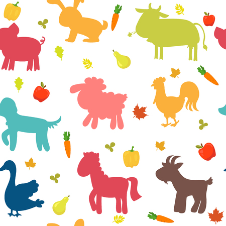 Seamless pattern with farm animals, vegetables, leaves and fruits.のイラスト素材