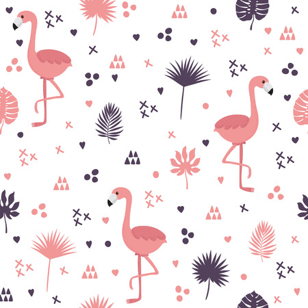 Seamless pattern with flamingos and leaves. Cute background with decorative elements.のイラスト素材