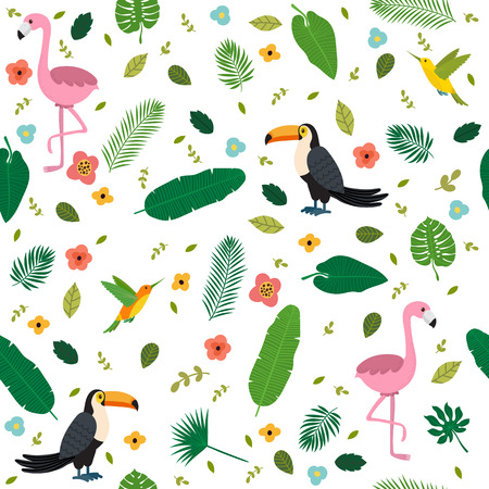 Tropical seamless pattern with pink flamingos, toucans, hummingbirds, flowers and green palm leaves.のイラスト素材