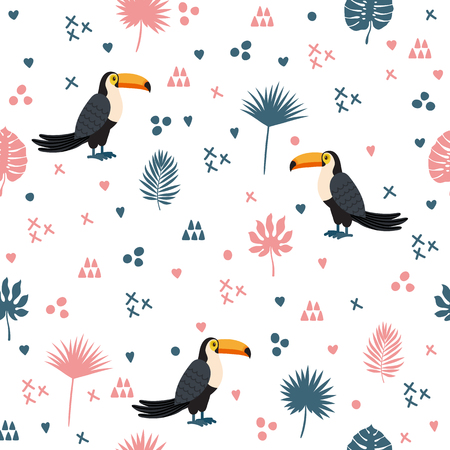 Seamless pattern with toucan and leaves. Cute background with decorative elements.のイラスト素材