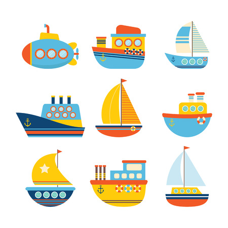 Set of sea transport. Different kind of boats. Fishing boats, yachts and sailboats.のイラスト素材