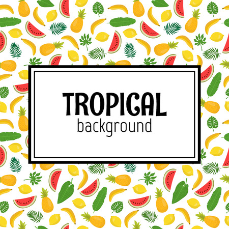 Abstract background with tropical leaves and fruits. Jungle pattern. Floral design background. Vector illustrationのイラスト素材