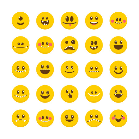 Cartoon faces with emotions. Set of cute monsters. Different Halloween characters. Emoticon emoji icons. Vector illustrationのイラスト素材
