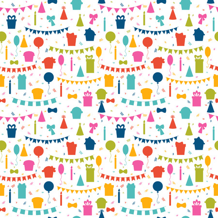 Happy Birthday seamless pattern with colorful party elements. Balloons, flags, gifts, confetti, cupcakes, candles, bows and decorative ribbons. Vector illustrationのイラスト素材