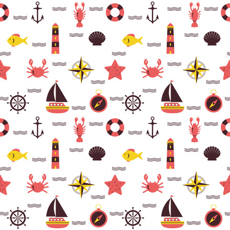 Marine cartoon seamless pattern. Sea theme. Nautical background. Vector illustrationのイラスト素材