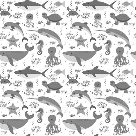 Seamless pattern with cartoon sea life animals. Sea theme. Underwater background. Vector illustrationのイラスト素材
