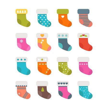 Set of colorful socks with different patterns. Christmas stockings. Vector illustrationのイラスト素材