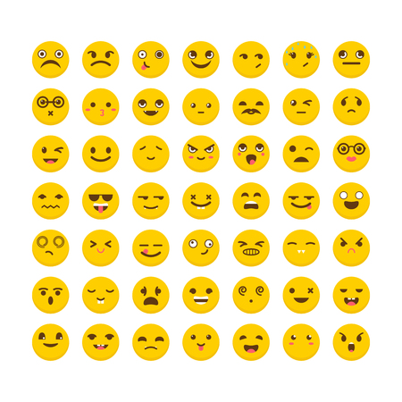 Set of emoticons. Avatars. Big collection with different expressions. Cute emoji icons. Flat design. Vector illustrationのイラスト素材
