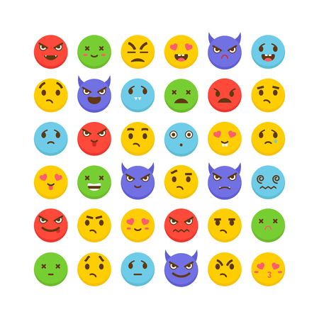 Set of emoticons. Avatars. Funny cartoon faces. Cute emoji icons. Kawaii. Flat design. Vector illustrationのイラスト素材