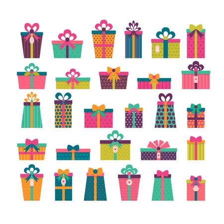 Birthday surprise. Set of different gift boxes. Colorful wrapped gift boxes. Christmas presents. Flat design. Vector illustrationのイラスト素材