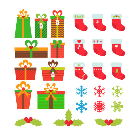 Christmas icons set. Gift boxes, snowflakes, holly berries, Christmas stockings. New Year's symbols. Vector illustrationのイラスト素材