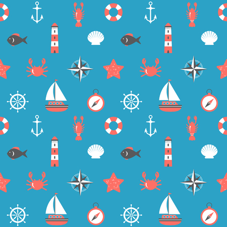 Marine cartoon seamless pattern. Nautical background. Sea theme. Vector illustrationのイラスト素材