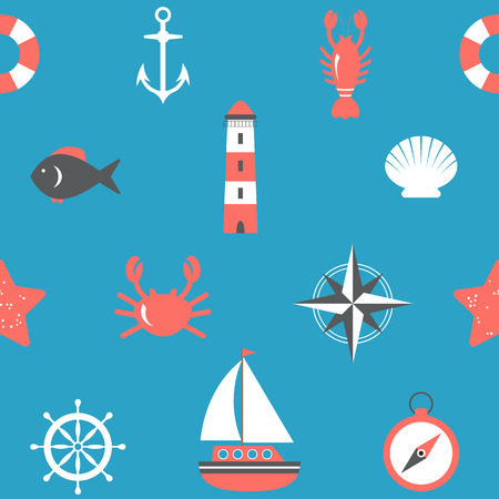 Marine seamless pattern. Nautical background. Sea theme. Vector illustrationのイラスト素材