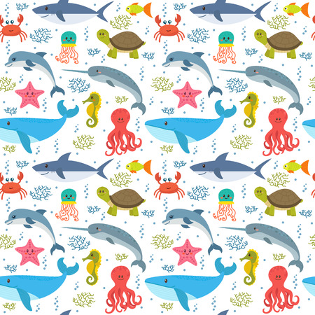 Seamless pattern with cartoon sea life animals. Cute underwater background. Vector illustrationのイラスト素材