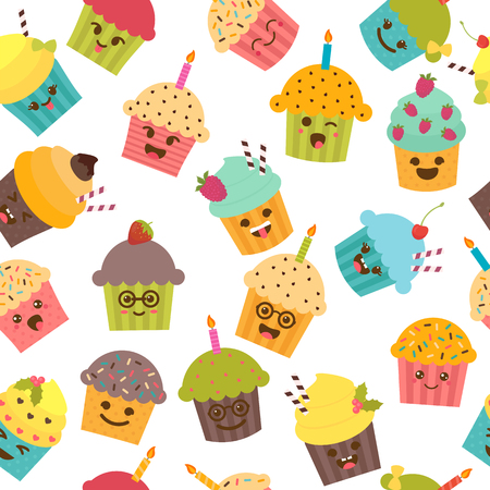 Seamless pattern with cupcakes and muffins. Cute cartoon characters, emoji. Birthday background. Kawaii cupcakes. Vector illustrationのイラスト素材
