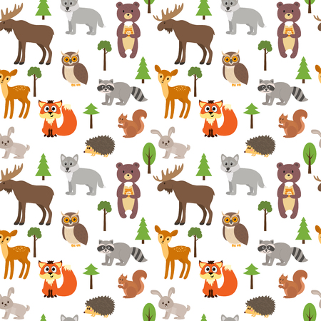 Seamless pattern with cute forest animals and trees on white background. Vector illustrationのイラスト素材