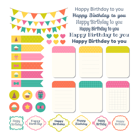 Set of Birthday party design elements. Template for notebooks. Monthly planner. Notes, stickers, labels. Vector illustrationのイラスト素材