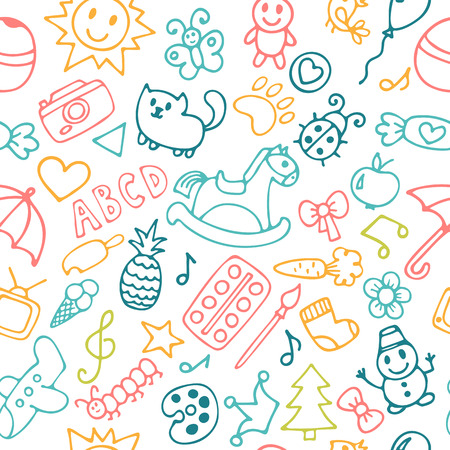 Background for little boys and girls in sketch style. Hand drawn children drawings color seamless pattern. Doodle children drawing background. Vector illustrationのイラスト素材