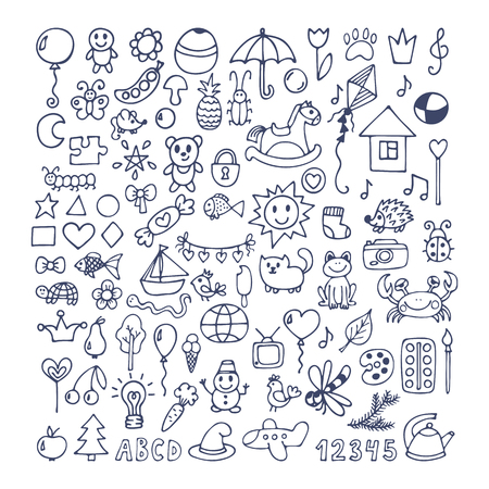 Collection of hand drawn cute doodles. Doodle children drawing. Sketch set of drawings in child style. Vector illustrationのイラスト素材