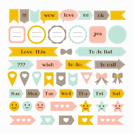 Collection of various note papers with different tape strips. Cute design elements. Template for notebooks. Monthly planner. Notes, labels, stickers. Vector illustrationのイラスト素材