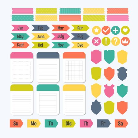 Collection of various note papers with different tape strips. Template for notebooks. Monthly planner. Notes, labels, stickers. Cute design elements. Vector illustrationのイラスト素材