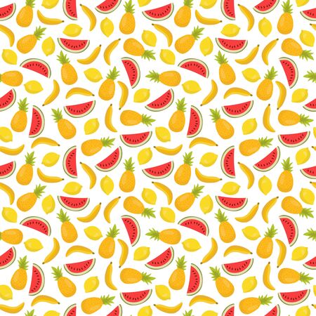 Seamless pattern with bananas, pineapples and lemons. Bright summer fruits. Cute tropical background. Vector illustrationのイラスト素材