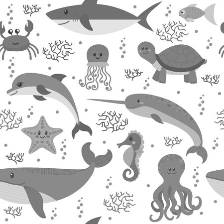 Seamless pattern with cartoon sea life animals. Underwater background. Sea theme. Vector illustrationのイラスト素材