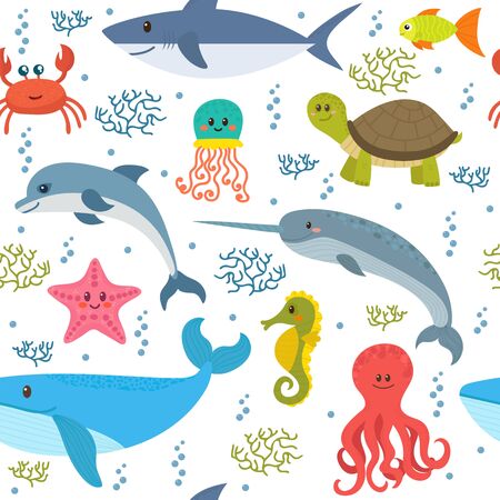 Seamless pattern with cartoon sea life animals. Underwater background. Vector illustrationのイラスト素材