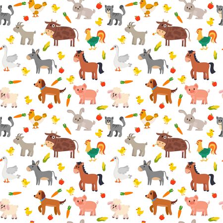 Seamless pattern with farm animals, vegetables and fruits. Cute farm background. Vector illustrationのイラスト素材