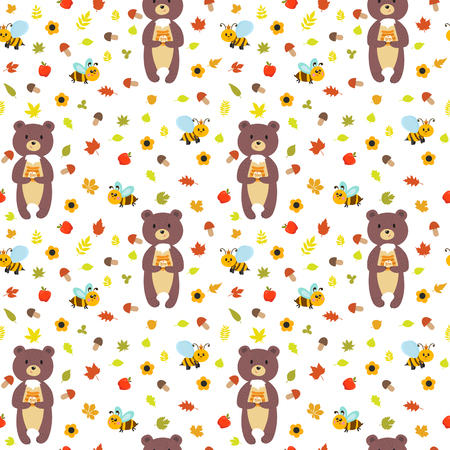 Seamless pattern with funny bears and bees. Cute children background with forest elements. Vector illustrationのイラスト素材