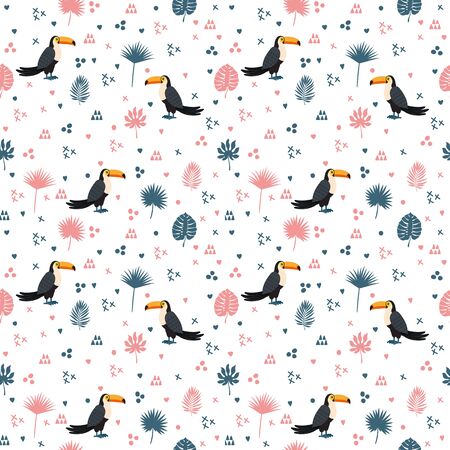 Seamless pattern with toucan and leaves. Cute background with decorative elements for your design. Vector illustrationのイラスト素材