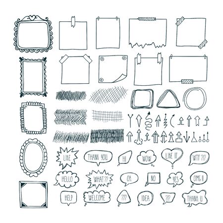 Set of hand drawn arrows, speech bubbles, frames and note papers. Sketch design elements. Doodle style. Vector illustrationのイラスト素材